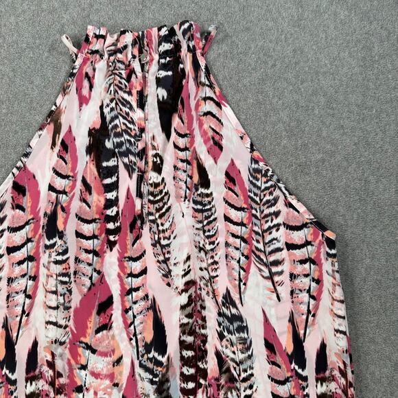 Pants Store Pink Feather Peacock Print Mini Dress Size Medium High Neck Halter - Picture 9 of 9